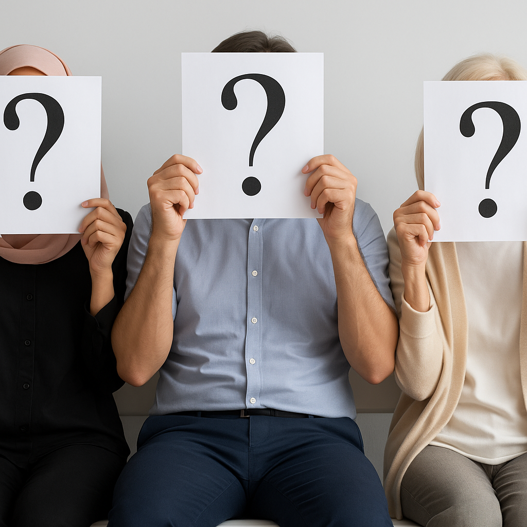 Τρεις άνθρωποι κάθονται δίπλα-δίπλα σε ένα λευκό παγκάκι μπροστά από γκρι φόντο, κρατώντας φύλλα χαρτιού με μεγάλα, μαύρα ερωτηματικά μπροστά στα πρόσωπά τους, καλύπτοντας την ταυτότητά τους. Ο αριστερός φοράει μαύρα ρούχα και ροζ μαντίλα, ο μεσαίος ένα γαλάζιο πουκάμισο και μπλε παντελόνι, και ο δεξιός ανοιχτόχρωμα ρούχα με μπεζ ζακέτα