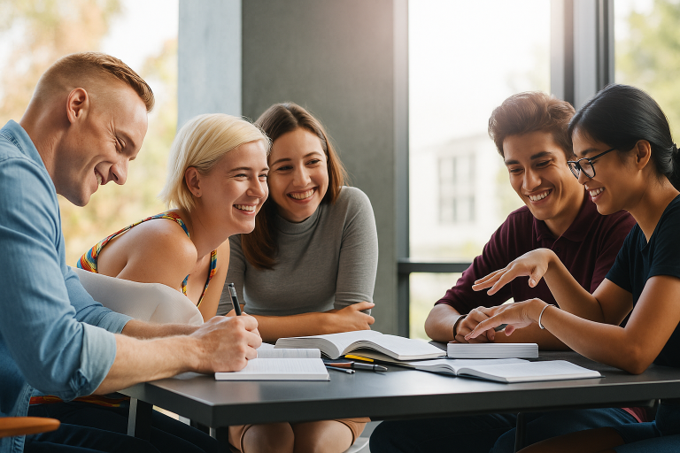 Πέντε νεαροί ενήλικες κάθονται γύρω από ένα τραπέζι με βιβλία και σημειωματάρια, συνεργάζονται και γελούν σε έναν φωτεινό, μοντέρνο χώρο με μεγάλες τζαμαρίες. Η ατμόσφαιρα είναι φιλική και δημιουργική, υποδηλώνοντας ομαδική μελέτη ή συνεργασία σε έργο