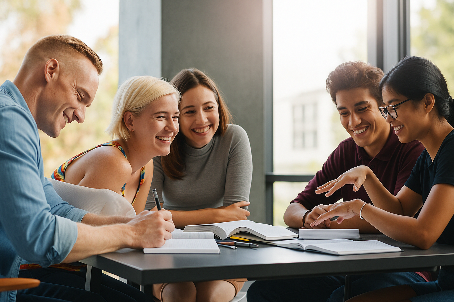 Πέντε νεαροί ενήλικες κάθονται γύρω από ένα τραπέζι με βιβλία και σημειωματάρια, συνεργάζονται και γελούν σε έναν φωτεινό, μοντέρνο χώρο με μεγάλες τζαμαρίες. Η ατμόσφαιρα είναι φιλική και δημιουργική, υποδηλώνοντας ομαδική μελέτη ή συνεργασία σε έργο
